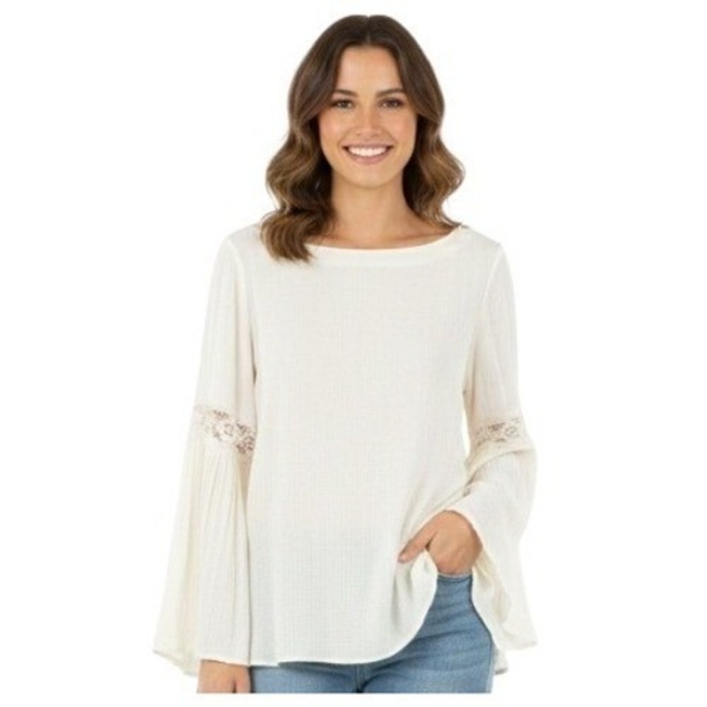 Basically Me Blouse Womens Large White Sheer Bell Sleeve Tunic Boho Crochet Chic